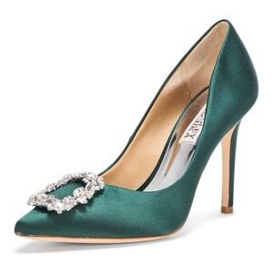 Badgley Mischka Cher 9.5 Elegant Green Satin Pumps with Crystal Embellishment